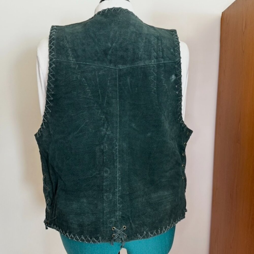 Green Genuine Suede-Leather Vintage Whip-Stitch Vest boho 80s biker unisex M - Picture 5 of 15